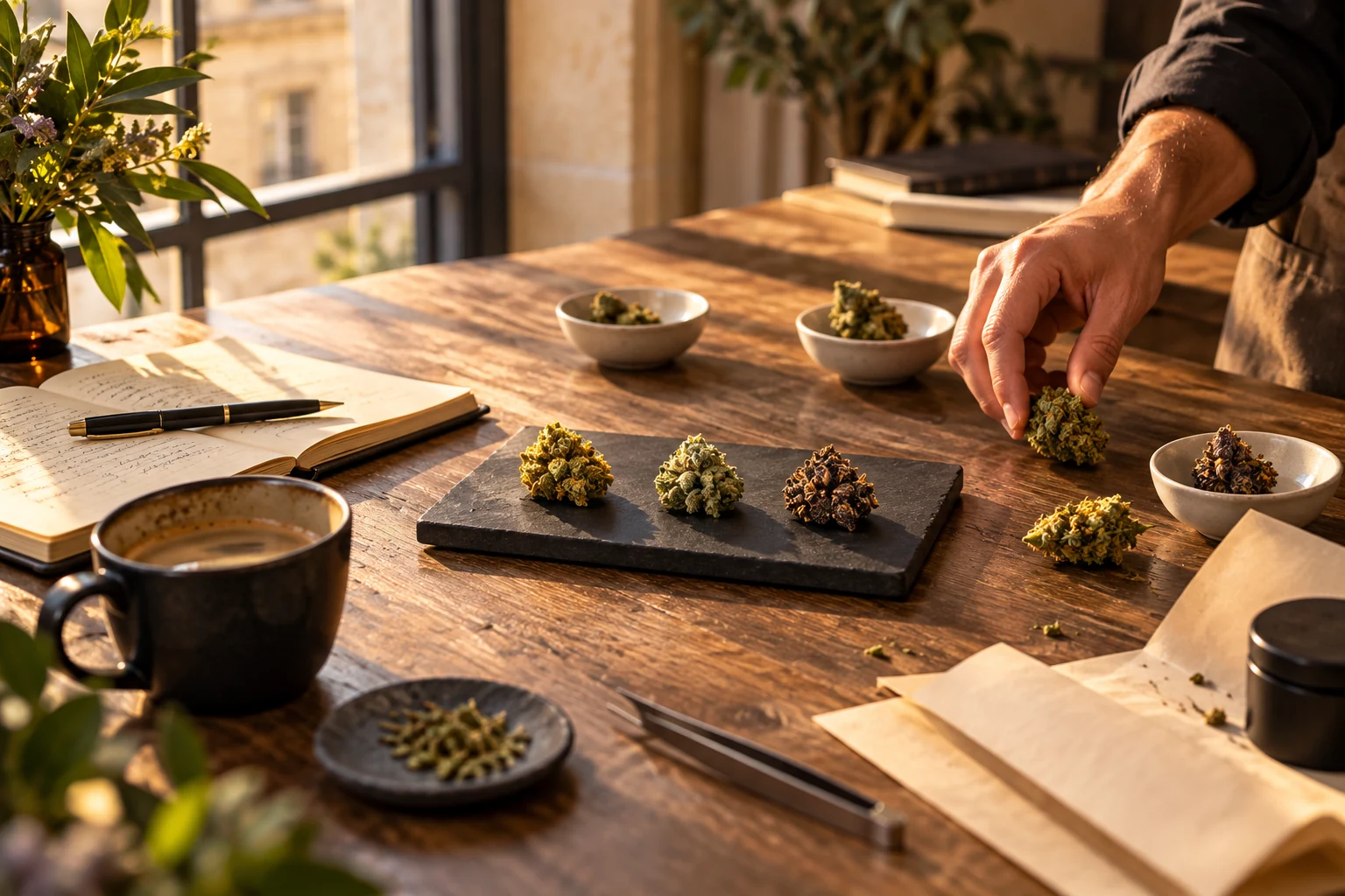 Scène d’illustration : plusieurs fleurs disposées sur une table, une main en isole une pour l’examiner.