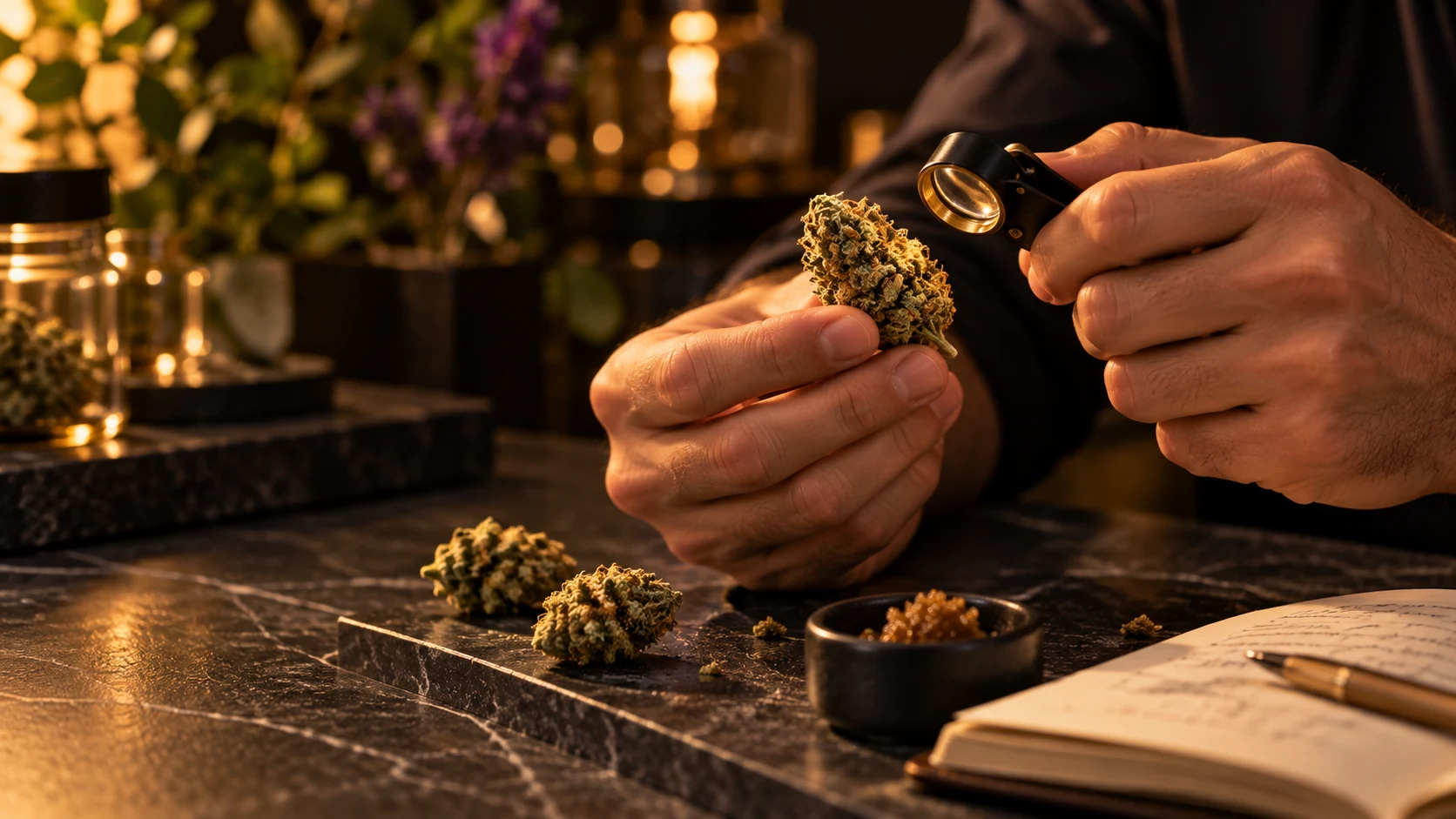 Des mains examinent une fleur à la loupe, auprès d’échantillons et d’un carnet sur un comptoir.