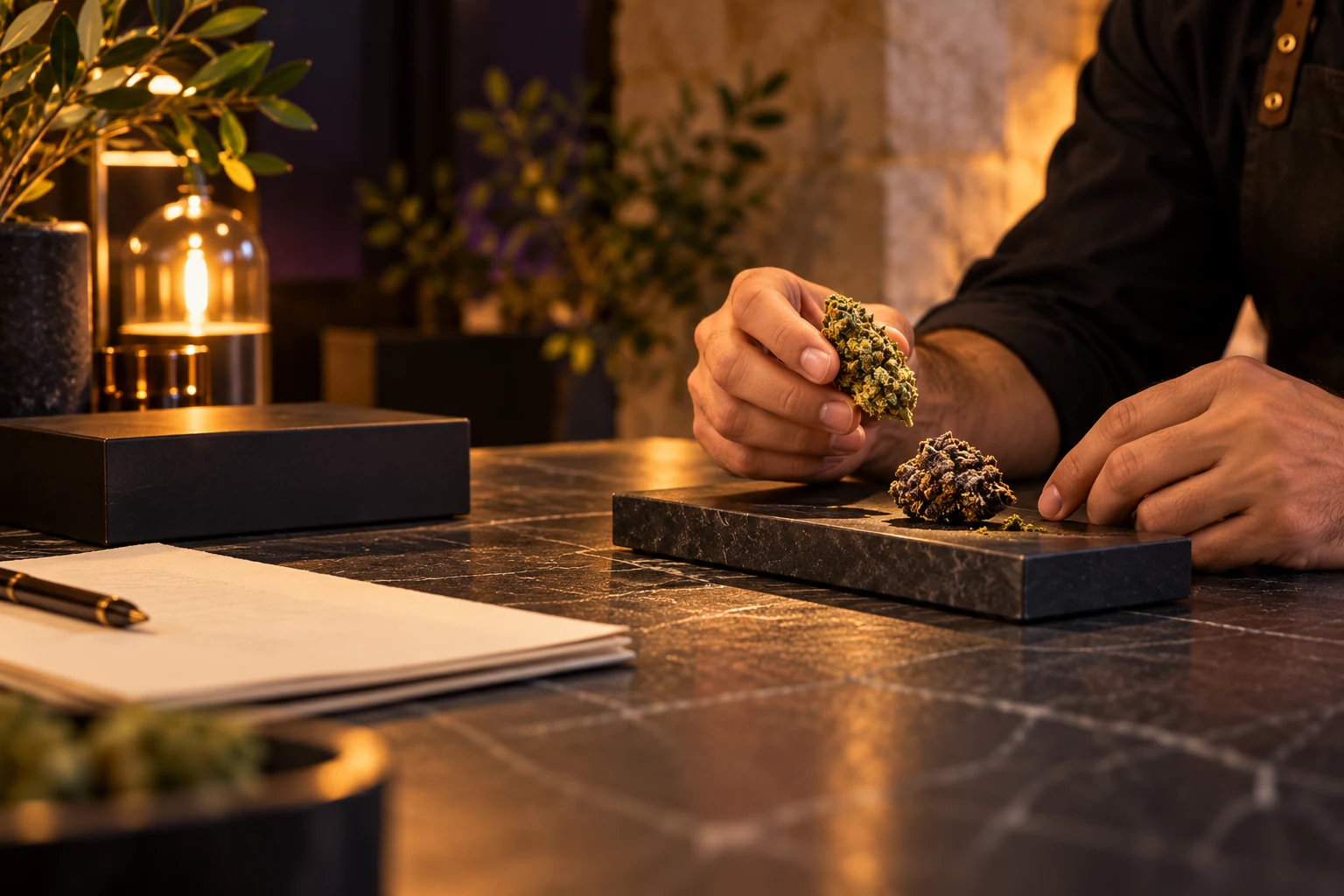 Une personne tient une fleur devant une autre référence, sur un comptoir avec un carnet.