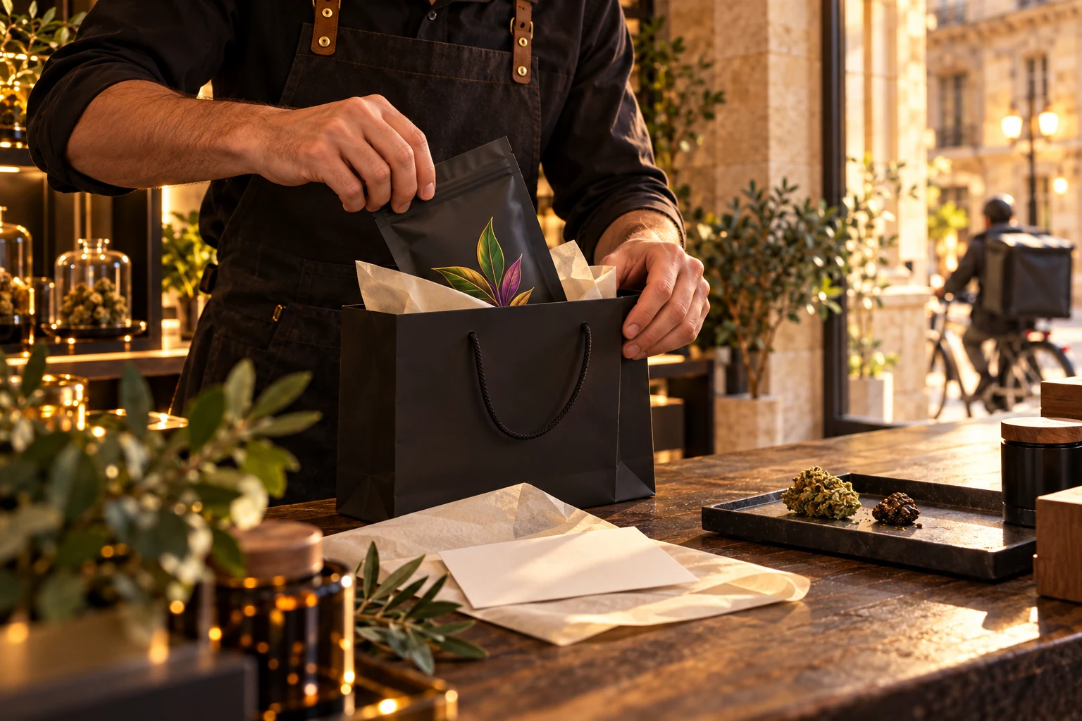 Une personne glisse un sachet dans un sac de commande sur un comptoir, avec un coursier à l’arrière-plan.