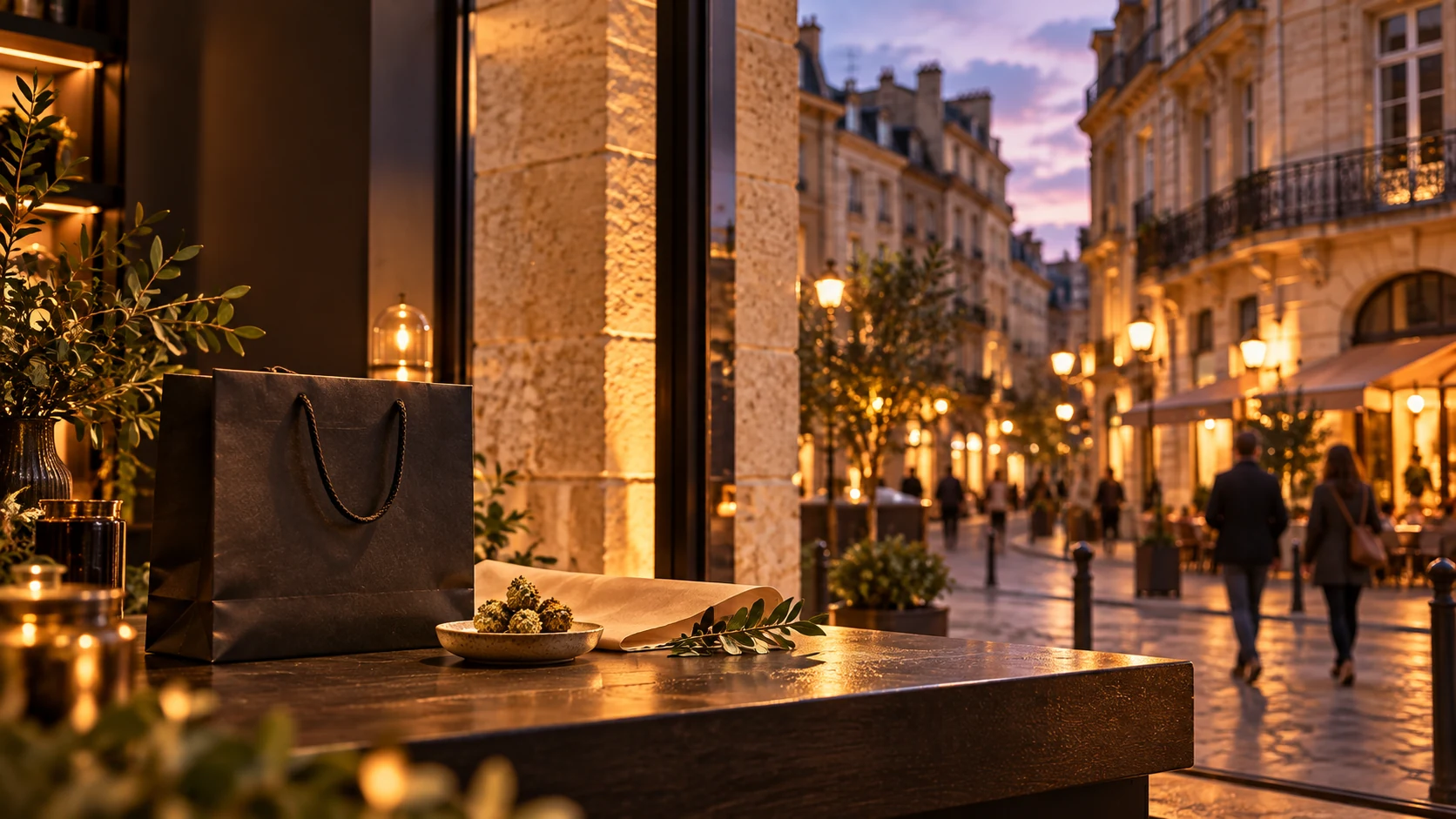 Un sac posé sur un comptoir devant une rue aux façades de pierre, à la tombée du jour.